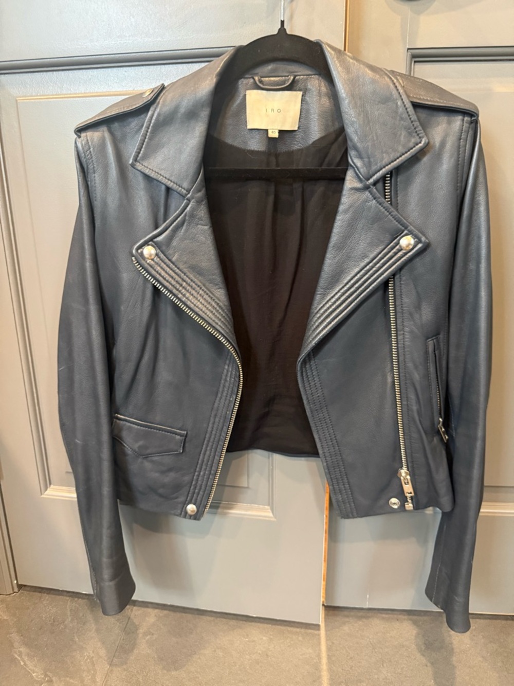 IRO Slate Blue Leather Moto Jacket
